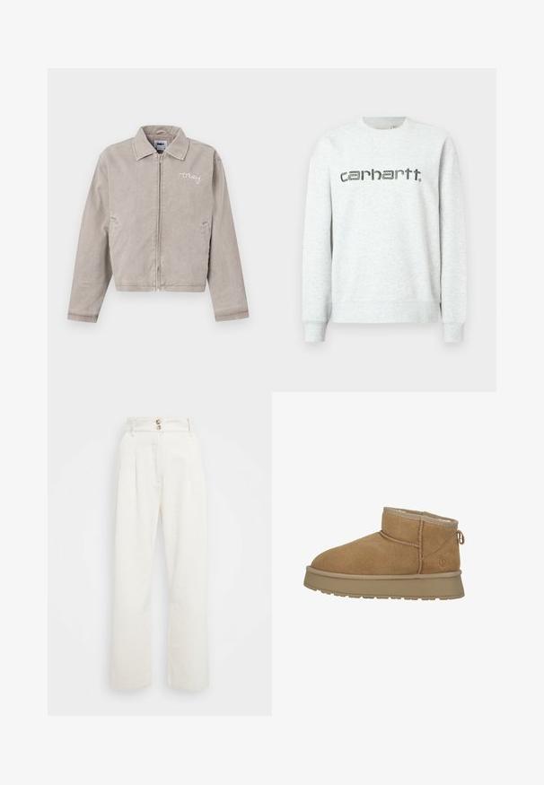 Grijze cropped jas van corduroy met een kraag, voorrits en geborduurd logo op de borst. Bevat zijzakken en een effen textuur.; Lichtgrijze sweatshirt met ronde hals, ribgebreide manchetten en zoom. Bevat het "carhartt." logo in donkergrijs gedrukt over de voorkant.; Crème kleurige broek met wijde pijpen, gemaakt van een gestructureerde stof, met een hoge taille, twee knopen aan de voorkant en een geplooid ontwerp.; Bruine suede enkellaars met zachte bontvoering, ronde neus en een platte rubberen zool. Heeft een decoratieve naad en een trektab aan de hiel.