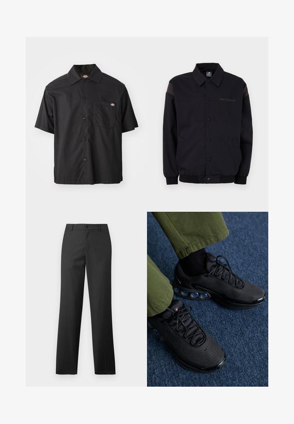 Veste noire avec un devant à boutons, des poignets et un col côtelés. Présente des panneaux d'épaule contrastants et un logo sur la poitrine. Texture lisse.; Chemise noire à manches courtes et boutons, en coton, avec une poche poitrine unique et un patch logo. Texture lisse et coupe décontractée.; Samsøe Samsøe SAJOHNNY TROUSERS - Pantalon classique - turkish coffee; Baskets de sport noires avec une tige en mesh, surface texturée et coussins d'air visibles. Associées à un pantalon vert olive et des chaussettes noires.