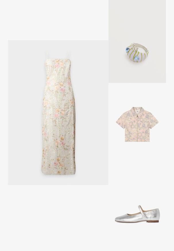 Kortærmet skjorte med lynlås i pastelblomstermønster i pink, gul og blå, med krave og brystlomme med Wrangler-logo.; Lang, lysefarvet kjole med tynde stropper, der har et delikat blomstermønster i pastel lyserøde, gule og grønne toner.; Sølvmetallic flad sandal med afrundet tå, justerbar rem og en lille hæl. Glat tekstur og klassisk design.; Kraftig åben metalring med en rundet, lys lilla emaljeoverflade med grønne striber og to hævede gennemsigtige blå perler.