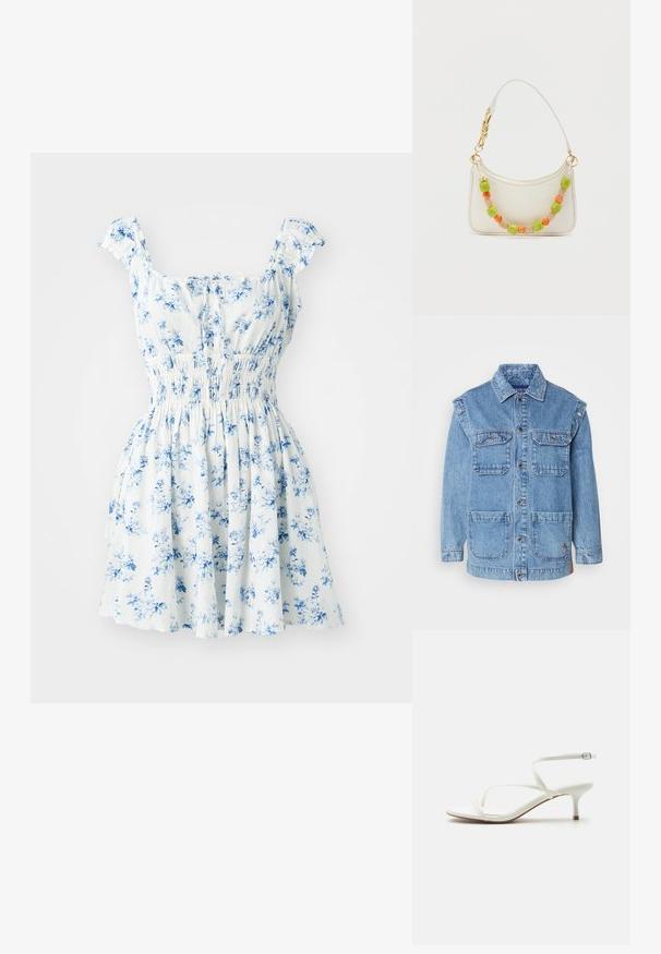 Chaqueta de mezclilla azul claro con una parte delantera abotonada, dos bolsillos en el pecho y dos grandes bolsillos frontales. Presenta costuras reforzadas y un ajuste casual.; Vestido floral con mangas cortas de volantes, tejido blanco estampado con flores azules, cintura fruncida y falda acampanada.; Sandalia de mujer blanca con tiras, tacón bajo tipo kitten y hebilla en el tobillo sobre fondo blanco liso.; Bolso blanco con estampado de cocodrilo y diseño curvado, adornado con detalles de cuentas coloridas en verde, naranja y beige, con una correa de cadena dorada.