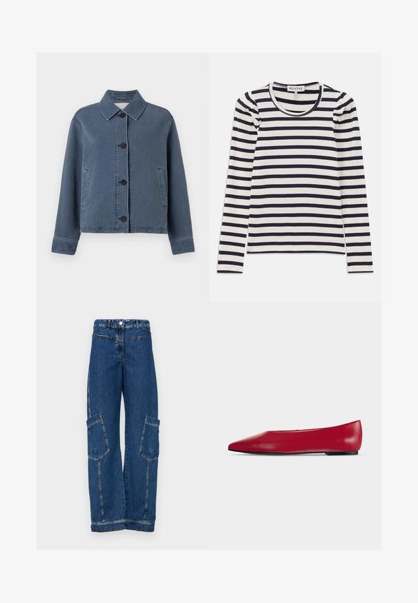 Blaue Jacke mit Struktur, einem Kragen, Knopfleiste vorne und zwei Seitentaschen. Sie verfügt über ein geripptes Design und lange Ärmel.; Langärmeliges, geripptes Oberteil mit horizontalen navyblauen und weißen Streifen; verfügt über einen runden Halsausschnitt und Raffungen an den Schultern.; Blaue Denim-Cargohosen mit hoher Taille, weitem Bein, zwei großen Seitentaschen sowie traditionellen Nieten- und Stichdetails.; Roter Leder-Flachschuh mit spitzer Spitze, schwarzer Sohle und niedrigem Absatz, seitlich auf schlichtem hellem Hintergrund dargestellt.