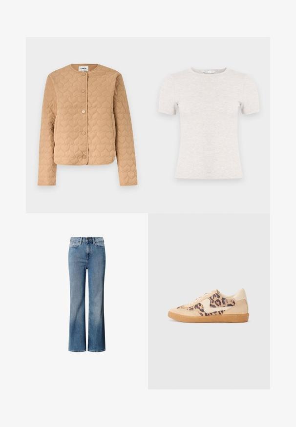 Beige gewatteerd jack met hartvormige stiksels, ronde halslijn, lange mouwen en drukknoopsluiting aan de voorkant.; Lichtgrijs T-shirt met korte mouwen, gemaakt van geribbelde stof met een ronde hals. Eenvoudig ontwerp, gladde textuur, geen zichtbare patronen of accenten.; Blauwe denim jeans met een hoge taille, wijd uitlopend ontwerp en een vervaagde wassing. Heeft een klassieke vijf-pocket stijl en een sluiting met een knoop aan de voorkant.; Luipaardprint sneakers met een beige suède bovenkant, tan rubberen zool en witte accenten. Ronde neus en vetersluiting met een gestructureerde afwerking.