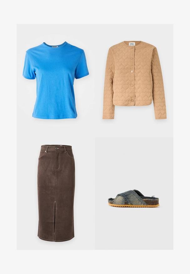 Veste matelassée beige avec piqûres en forme de cœur, encolure ronde, manches longues, et fermeture avant à boutons-pression.; T-shirt bleu à manches courtes en coton. Encolure ronde avec une texture douce et une coupe légèrement décontractée. Sans motifs ni accents supplémentaires.; Jupe crayon en suede marron avec fente frontale, couture blanche contrastante et design classique à cinq poches. Fermeture classique par bouton à la taille.; Sandale en denim à enfiler avec des brides croisées, bords effilochés et semelle marron texturée ornée d'un motif en zigzag. Couleur : bleu avec des accents marron.