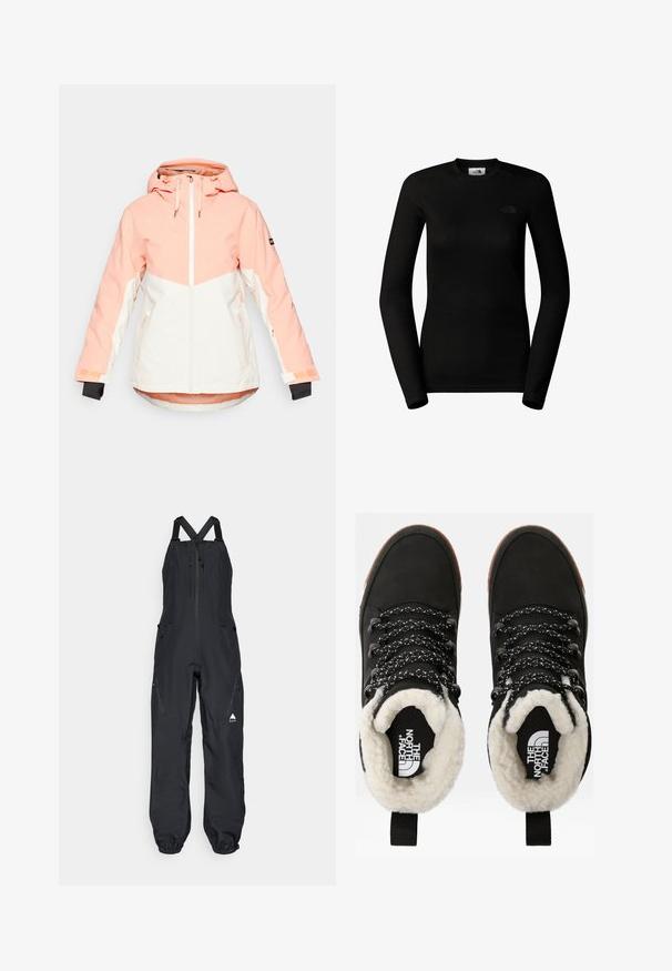 Dame vinterjakke i lys fersken og hvid, med hætte, lynlåslukning, justerbare manchetter og sidelommer. Glat, vandafvisende stof.; The North Face W EASY L/S CREW NECK - Langærmet T-shirt - tnf black; Sort vandtæt overall med justerbare skulderstropper, frontlynlås, to sidelommer og elastiske manchetter ved anklerne.; Sorte vandtætte ankelstøvler med for af faux pels, tekstureret stof, snørebånd med hvidt og sort mønster samt en løkker ved hælen.
