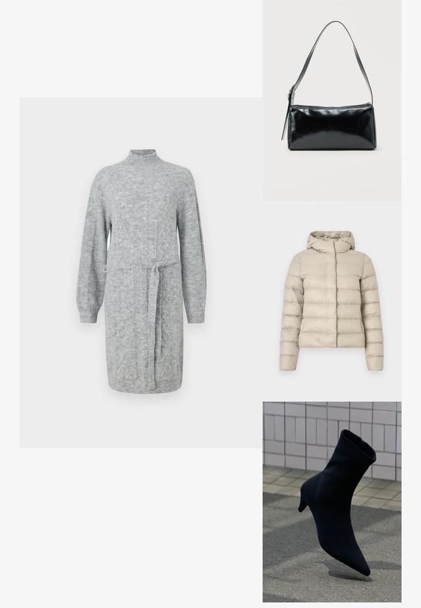 Beige toppatakki tikatussa kuosissa, jossa on huppu ja pitkät hihat. Materiaali näyttää kiiltävältä ja sileältä, ja takissa on istuva leikkaus.; Harmaa neulottu mekko, jossa on korkea kaula-aukko, pitkät hihat ja vyötäröllä oleva vyö. Mekossa on teksturoitu kangas ja rento siluetti.; Musta nilkkasaapas, jossa on teräväkärkinen varvas, tyylikäs muotoilu, pehmeä materiaali ja hillitty korko. Takana vetoketjusuljenta.; Musta suorakaiteen muotoinen olkalaukku, jossa on säädettävä yksittäisolkaimen hihna ja yläreunassa vetoketjusuljin, yksivärisellä taustalla.