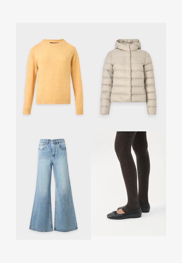 Beige dynejakke med quiltet mønster, der har hætte og lange ærmer. Materialet virker skinnende og glat med en figursyet pasform.; Langærmet gul strikket sweater med ribstrikket rund halsudskæring, manchetter og kant på en lysegrå baggrund.; Lyseblå vidde denimbukser med forreste knap- og lynlås, bæltestropper og forlommer, vist på en ensfarvet baggrund.; Ben iført mørke ribbede leggings kombineret med sorte balletsko med små sløjfedetaljer på hvid baggrund.