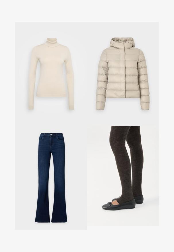Beige gewatteerd jack met een doorgestikt ontwerp, voorzien van een capuchon en lange mouwen. Het materiaal lijkt glanzend en glad met een aansluitende pasvorm.; Vero Moda Tall VMHAPPINESS ROLLNECK - Trui - oatmeal; Donkerblauwe denim jeans met wijde pijpen, voorzakken en een knoopsluiting in de taille.; Benen met donkere geribbelde leggings gecombineerd met zwarte ballerina's met kleine strikdetails op een witte achtergrond.