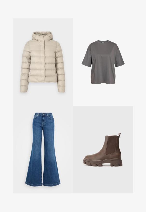 Beige Steppjacke mit gesteppter Optik, mit Kapuze und langen Ärmeln. Das Material wirkt glänzend und glatt, der Schnitt ist figurbetont.; Schlichtes graues T-Shirt mit kurzen Ärmeln und Rundhalsausschnitt, locker sitzend, ohne sichtbare Logos oder Designs.; Blaue Schlagjeans aus Denim mit hoher Taille, die ein klassisches Fünf-Taschen-Design und eine glatte Textur aufweisen. Der Saum ist weit und verarbeitet.; Braune Knöchelstiefel aus strukturiertem Material mit elastischen Seiteneinsätzen, Zugschlaufe und einer stabilen Profilsohle für besseren Halt.