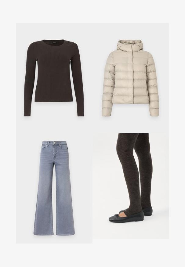 Veste matelassée beige avec un motif matelassé, dotée d'une capuche et de manches longues. Le matériau semble brillant et lisse avec une coupe ajustée.; Un haut marron à manches longues en rib avec un col rond. Fabriqué dans un matériau lisse et extensible, il présente une silhouette ajustée et un minimum de détails.; Jean en denim bleu clair, taille haute, jambes larges, avec fermeture à boutons et fermeture éclair à l'avant, poches avant et arrière, présenté sur fond blanc.; Jambes portant des leggings côtelés foncés associés à des ballerines noires avec de petits détails en nœud sur fond blanc.