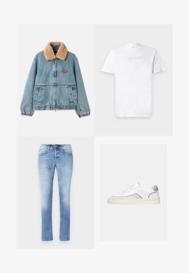 Denimjakke med en tan-faux fur krave, lynlås foran og elastisk kant. Har sidelommer og et læderlogo på brystet.; Hvid bomulds T-shirt med rund halsudskæring, korte ærmer og prægede "ARMANI EXCHANGE MILANO/NEW YORK" logo på fronten.; Lyseblå denimjeans med lige snit, fem lommer og lynlås. Har let falmede områder og syningsdetaljer.; Hvid lavtop sneaker med beigefarvede ruskindsdetaljer, grå kant, hvide snørebånd og en tyk off-white gummisål vist fra siden på en lys baggrund.