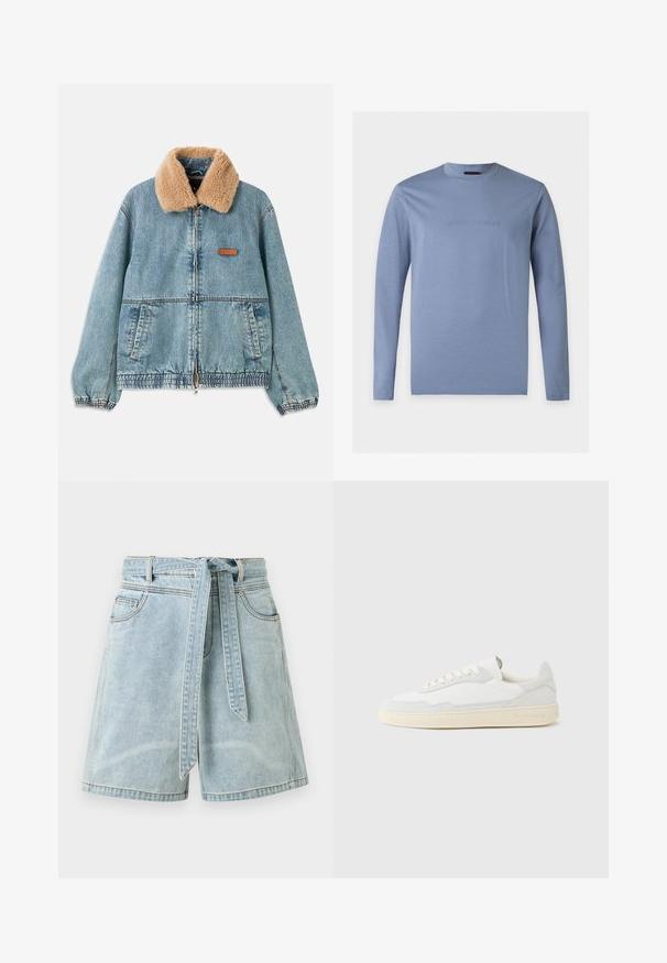 Veste en denim avec un col en fausse fourrure beige, fermeture à glissière à l'avant et ourlet élastique. Présente des poches latérales et un patch en cuir avec logo sur la poitrine.; Chemise bleu clair à manches longues avec col rond et logo Emporio Armani en relief centré sur la poitrine, fond blanc.; Short en jean bleu clair avec des poches devant et une ceinture en tissu assortie nouée à la taille.; Baskets blanches avec dessus en daim et cuir texturé. Caractérisées par un bout arrondi, une fermeture à lacets et une semelle en caoutchouc beige contrastante.