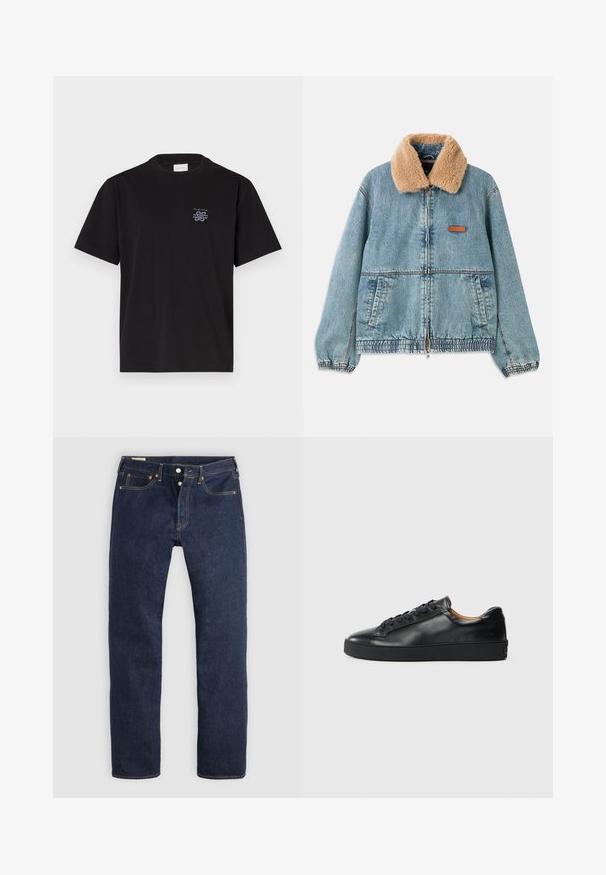 Chaqueta de denim con un cuello de piel sintética beige, cierre con cremallera en la parte delantera y dobladillo elástico. Incluye bolsillos laterales y un parche de logo en cuero en el pecho.; Camiseta de algodón negra con cuello redondo y mangas cortas. Presenta un pequeño logo azul en el lado izquierdo del pecho. Diseño simple y de corte recto.; Vaqueros azul oscuro de pierna recta con bragueta de botones, bolsillos delanteros y traseros, y costuras de contraste, dispuestos planos sobre un fondo claro.; Zapatilla negra de cuero con una textura suave, puntera redonda y cierre de cordones. Presenta una suela de goma gruesa y un detalle de marca mínimo.