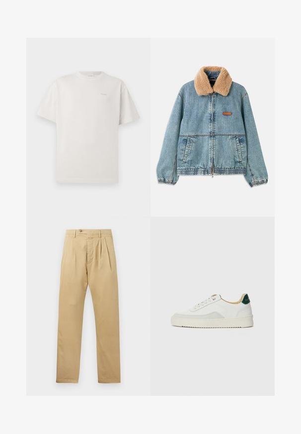 Denimjacket met een tan faux fur kraag, rits aan de voorkant en een elastische zoom. Beschikt over zijzakken en een leren logo patch op de borst.; CLOSED LOGO - T-shirt basic - blush pink; CLOSED BERGEN TAPERED - Chino - beige; Witte sneaker met suède accenten, ronde neus, platte veters en een crème rubberen zool. Bevat groene branding op de hiel.