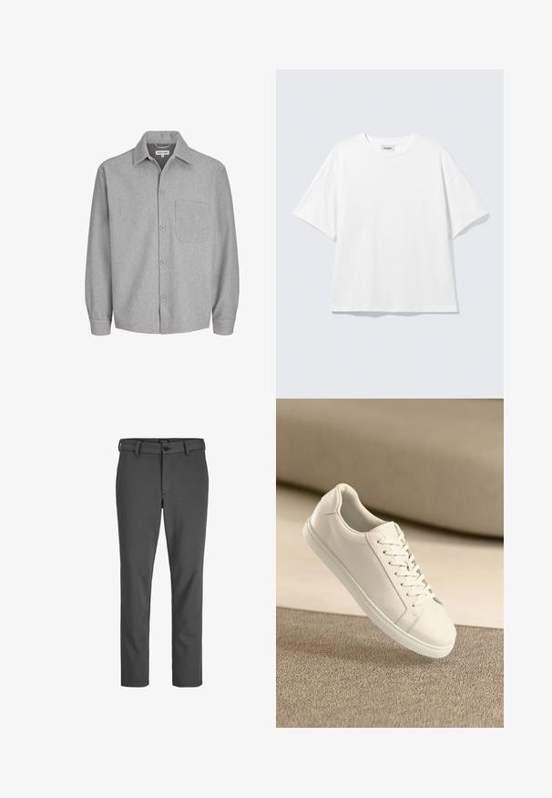 Veste-chemise gris clair à manches longues avec col, quatre boutons sur le devant, poche poitrine et poignets à boutons.; T-shirt blanc oversize à manches courtes, col rond, épaules tombantes, posé à plat sur fond gris clair.; Pantalons gris ajustés en tissu lisse, dotés d'une fermeture à bouton et de passants de ceinture, avec une coupe droite et sans motifs visibles.; Baskets en cuir blanc avec des lacets blancs, exposées sur une surface beige texturée et avec un arrière-plan flou doux.