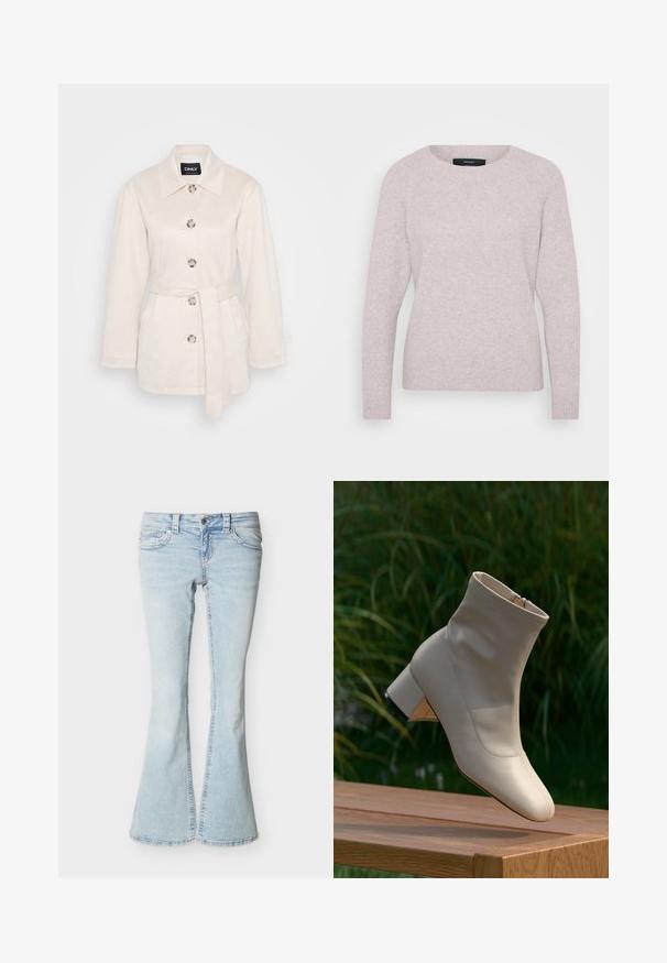 Veste beige clair en suédé, avec un col, des boutons sur le devant, deux poches latérales et une ceinture assortie. Texture lisse, coupe ajustée.; Pull léger rose avec un col rond, des manches longues et des poignets côtelés. Texture douce avec un motif léger mélangé.; Jean en denim bleu clair avec une taille haute, une fermeture à boutons et à glissière à l'avant, et des jambes évasées.; Bottine en cuir beige à talon bloc reposant sur une surface en bois, arrière-plan en herbe verte, vue de côté, éclairage naturel doux.