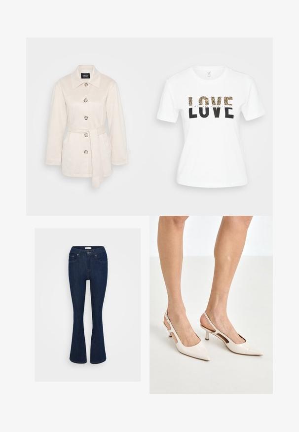 Helle beige, samtartige Jacke mit Kragen, vorderen Knöpfen, zwei Seitentaschen und einem passenden Gürtel. Glatte Textur, taillierte Passform.; Weißes T-Shirt mit kurzen Ärmeln und dem Schriftzug "LOVE"; die oberen Buchstaben im Leopardenmuster, die unteren Buchstaben in Schwarz, und darüber klein in Schreibschrift "Alles was du brauchst ist".; Dunkelblaue Jeans im Bootcut-Stil mit klassischem Fünf-Taschen-Design, metallischem Knopfverschluss und Nähakzenten an den Taschen.; Beige Lackleder Slingback-Absätze mit spitzem Fuß und 5 cm Absatz, mit ausgeschnittenen Seiten und einem schmalen Knöchelriemen.
