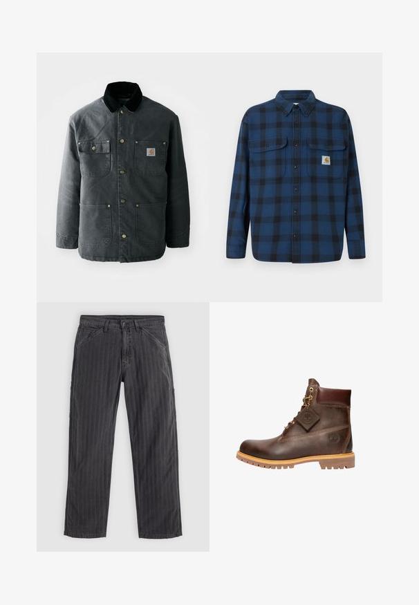 Donkergrijze canvas jas met een zwarte corduroy kraag, koperen drukknoopjes en twee borstzakken met een logo-opdruk. Soepele textuur.; Blauw en zwart geruit flanellen overhemd met lange mouwen, een knoopsluiting aan de voorkant, twee borstzakken en een merklabel op de linkerzak.; Zwart gestreepte broek van een katoenmix. Heeft een recht model, zijzakken en een knoopsluiting.; Bruine leren enkelboot met een ronde neus, stevige zool, hardware in goudkleur en een gestructureerde bovenkant. Inclusief een merklabel dat is bevestigd.