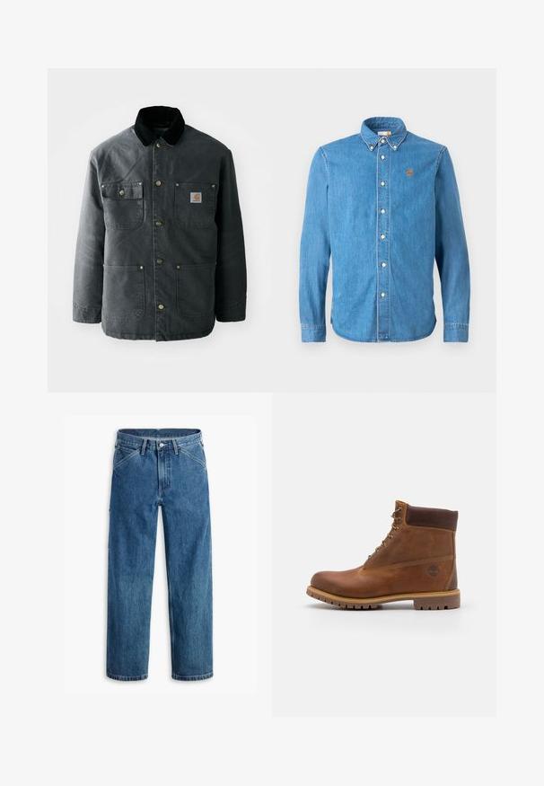 Dunkelgraue Segeltuchjacke mit einem schwarzen Cordkragen, Messing-Druckknöpfen und zwei Brusttaschen mit einem Logo-Patch. Angenehme Textur.; Helles blaues Denim-Hemd mit langen Ärmeln, Button-Down-Kragen und weißen Knöpfen. Mit einem kleinen, orangen Baum-Logo auf der linken Brust.; Blaue Jeans mit geradem Bein, Vordertaschen, Gürtelschlaufen, Metallknopf und Reißverschluss auf weißem Hintergrund.; Braune Lederwanderschuhe mit glatter Oberfläche, gepolstertem Knöchel, Metallösen und einer Gummisohle mit robustem Profil.