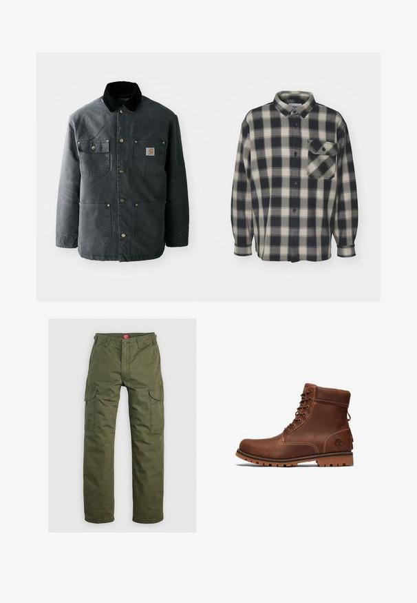 Chaqueta de lona gris oscuro con un cuello de pana negro, botones de presión de latón y dos bolsillos en el pecho con un parche de logo. Textura suave.; Camisa de franela a cuadros en negro y crema con mangas largas, cierre de botones y un bolsillo en el pecho. Textura suave, diseño con cuello y dobladillo recto.; Pantalones cargo verde oliva hechos de una tela duradera, con bolsillos laterales, cierre de botón y un diseño de pierna recta.; Botín de cuero marrón hasta el tobillo con diseño de cordones, cuello acolchado, costuras en contraste y suela de goma con un patrón de textura.