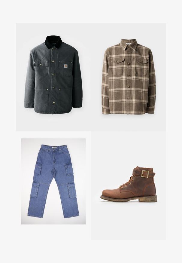 Chaqueta de lona gris oscuro con un cuello de pana negro, botones de presión de latón y dos bolsillos en el pecho con un parche de logo. Textura suave.; Camisa de franela a cuadros marrón y crema con frente abotonado, dos bolsillos en el pecho y un cuello clásico. Textura suave y corte relajado.; Pantalones cargo de mezclilla azul con múltiples bolsillos laterales, un diseño de pierna recta y una cinturilla clásica. La tela tiene una ligera textura y desvanecimiento.; Harley Davidson VNTGMOTO SHORT RIDING APPROVED - Botines camperos - brown
