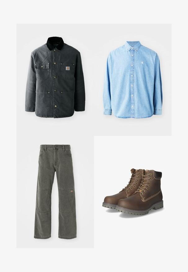 Donkergrijze canvas jas met een zwarte corduroy kraag, koperen drukknoopjes en twee borstzakken met een logo-opdruk. Soepele textuur.; Lichtblauwe denim overhemd met knopen en lange mouwen, puntkraag en een klein logo op de linkerborst. Heeft een ontspannen pasvorm en een klassiek ontwerp.; Donkergrijze wijde broek van duurzaam materiaal, met kniestukken, een klassieke sluiting met knoop aan de voorkant en gestikte accenten.; Bruine leren enkellaarsjes met veters, een geveerd kraagje, contrasterende stiksels en een robuuste rubberen zool met grippatronen.