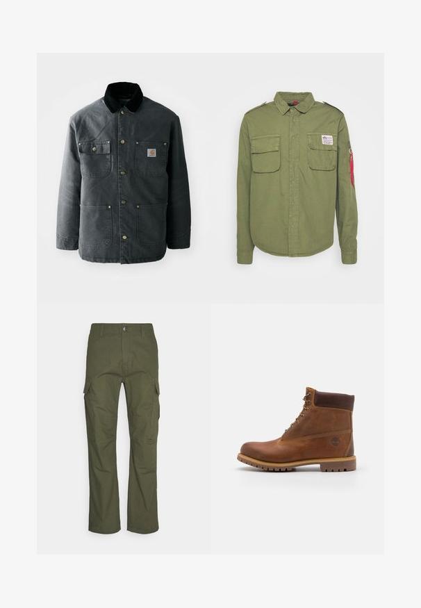 Chaqueta de lona gris oscuro con un cuello de pana negro, botones de presión de latón y dos bolsillos en el pecho con un parche de logo. Textura suave.; Camisa verde oliva de botón, hecha de algodón, con dos bolsillos en el pecho, hombreras y un bolsillo lateral con cremallera y un acento rojo.; Pantalones cargo en verde oliva oscuro, con múltiples bolsillos laterales, un corte recto y una tela resistente con un acabado texturizado.; Botas de senderismo de cuero marrón con un acabado suave, tobillo acolchado, ojales de metal y suela de goma con un patrón de tracción robusto.
