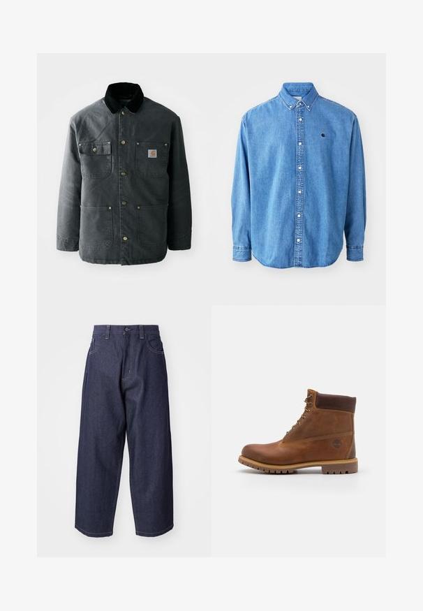 Donkergrijze canvas jas met een zwarte corduroy kraag, koperen drukknoopjes en twee borstzakken met een logo-opdruk. Soepele textuur.; Denim button-up shirt, lichtblauw van kleur, met een puntkraag, lange mouwen en een klein logo op de borst. Voorzien van witte knopen en gestikte naden.; Donkerblauwe denim jeans met een losse, wijde pasvorm. Kenmerken zijn een knoopsluiting, steekzakken aan de voorkant en zichtbare stiksels.; Bruine leren wandelschoen met een gladde afwerking, gevoerde enkel, metalen oogjes en een rubberen zool met een robuust profiel.