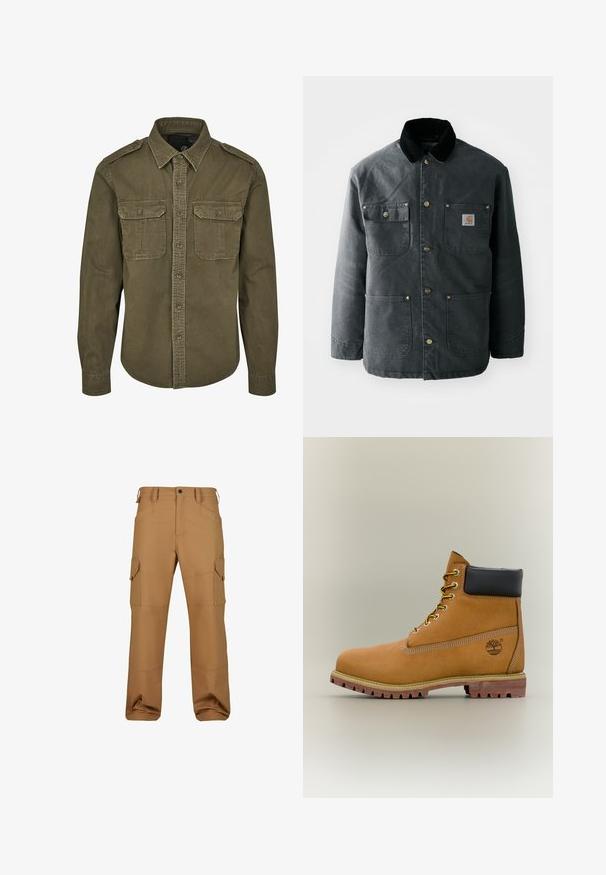 Chaqueta de lona gris oscuro con un cuello de pana negro, botones de presión de latón y dos bolsillos en el pecho con un parche de logo. Textura suave.; Camisa verde oliva de botones hecha de algodón. Cuenta con un cuello, dos bolsillos en el pecho con solapas y hombros estructurados con costuras visibles.; Pantalones cargo marrones fabricados con un tejido duradero, que cuentan con múltiples bolsillos, un corte relajado y detalles de costura reforzada.; Bota de tobillo de cuero marrón con cuello negro, cordones amarillos y suela beige. Presenta un logotipo y detalles de costura blanca. Suela exterior con tracción robusta.