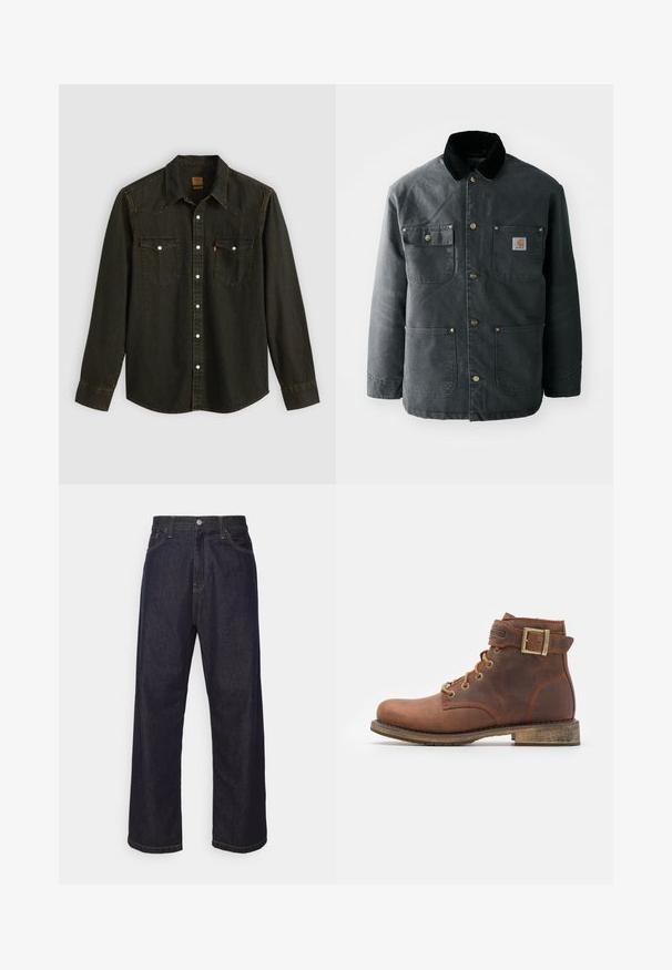 Chaqueta de lona gris oscuro con un cuello de pana negro, botones de presión de latón y dos bolsillos en el pecho con un parche de logo. Textura suave.; Camisa de mezclilla negra de manga larga con cuello puntiagudo, dos bolsillos en el pecho, botones plateados y detalles de costura amarilla. Diseño clásico western.; Jeans de mezclilla de pierna recta en azul oscuro con costuras amarillas, botón delantero, cremallera y diseño de cinco bolsillos.; Harley Davidson VNTGMOTO SHORT RIDING APPROVED - Botines camperos - brown
