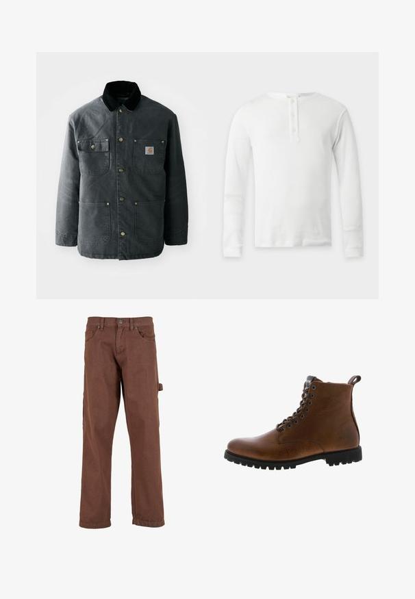 Donkergrijze canvas jas met een zwarte corduroy kraag, koperen drukknoopjes en twee borstzakken met een logo-opdruk. Soepele textuur.; Wit thermal shirt met lange mouwen, ronde hals en drieknopenbies, plat weergegeven op een lichte achtergrond.; Bruine cargobroek van stevig materiaal, met een recht pasvorm, voorzakken en een zijzak met een klep.; Bruine leren enkelbotten met een gestructureerde afwerking, metalen oogjes en een zwarte rubberen profielzool. Voorzien van een trekband aan de achterkant voor gemakkelijke instap.