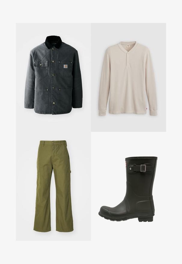 Donkergrijze canvas jas met een zwarte corduroy kraag, koperen drukknoopjes en twee borstzakken met een logo-opdruk. Soepele textuur.; Lange mouwen henley-shirt in lichtbeige ribbelstof, met een V-hals, een drieknoopsluiting en manchetten. Rode logo-label aan de onderkant.; Olijfgroene wijde broek van duurzaam materiaal, met een knoopsluiting, zijzakken en een rechte zoom.; Zwarte rubberen regenlaars met een ronde neus, een gespband aan de bovenkant en een geprofileerde buitenzool voor grip.