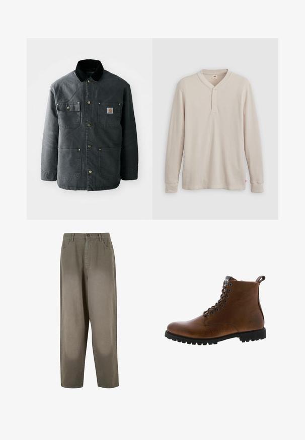 Mørkegrå canvasjakke med krave i sort kordfløjl, messing trykknapper og to brystlommer med et logo-patch. Glat tekstur.; Langærmet henley-skjorte i lys beige ribbet stof, med V-hals, tre-knap placket og manchetter ved ærmerne. Rød logo-tags ved kanten.; Lys grønne, vide bukser lavet af blødt stof. Har en knaplukning, forlommer og en glat overflate.; Brune læder ankelstøvler med tekstureret overflade, metaløjer og sort gummisål. Har en træktab bagpå for nem påtagning.