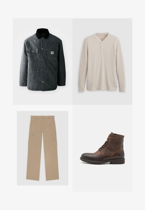 Chaqueta de lona gris oscuro con un cuello de pana negro, botones de presión de latón y dos bolsillos en el pecho con un parche de logo. Textura suave.; Camisa tipo henley de manga larga en tejido acanalado color beige claro, con escote en V,tapeta de tres botones, y mangas con puños. Etiqueta de logo roja en el dobladillo.; Pantalones cargo beige con un diseño de pierna recta, múltiples bolsillos y una discreta etiqueta de logo en la parte trasera, fabricados con una resistente mezcla de algodón.; Jack & Jones JFWDELANEY BOOT - Botines con cordones - cognac