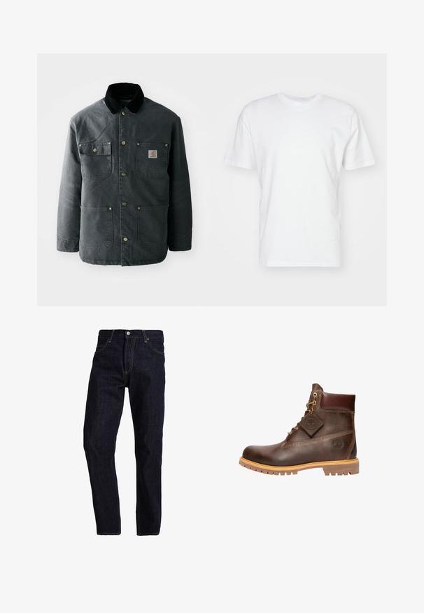 Donkergrijze canvas jas met een zwarte corduroy kraag, koperen drukknoopjes en twee borstzakken met een logo-opdruk. Soepele textuur.; Witte katoenen T-shirt met korte mouwen, ronde halslijn en een gladde textuur. Eenvoudig ontwerp zonder patronen of afbeeldingen.; Donkerblauwe spijkerbroek met een rechte pasvorm, voorzien van gele stiksels, vijf zakken en een klassieke knoop- en ritsluiting.; Bruine leren enkelboot met een ronde neus, stevige zool, hardware in goudkleur en een gestructureerde bovenkant. Inclusief een merklabel dat is bevestigd.