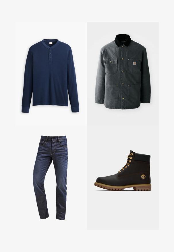 Donkergrijze canvas jas met een zwarte corduroy kraag, koperen drukknoopjes en twee borstzakken met een logo-opdruk. Soepele textuur.; Langdraagbare marineblauwe henley shirt van ribstof. Heeft een ronde halslijn en een knoopsluiting met drie knopen. De mouwen zijn aangesloten.; Donkerblauwe spijkerbroek met een slim fit, voorzien van contrasterende stiksels, vijf zakken en een ritssluiting met een knoopsluiting.; Zwarte leren enkellaars met gouden oogjes, bruine accenten en een rubberen zool. Heeft een gevoerde kraag en geperst logo aan de zijkant.