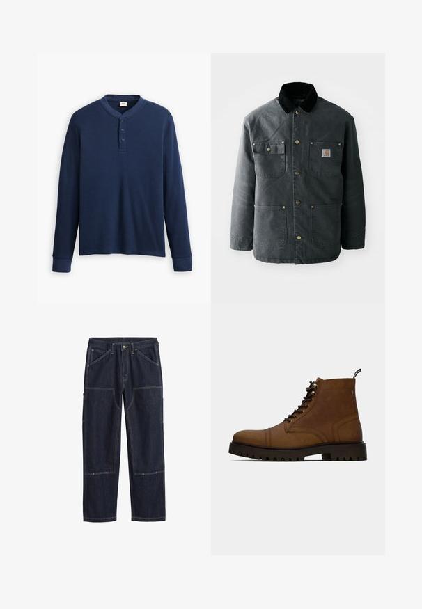 Chaqueta de lona gris oscuro con un cuello de pana negro, botones de presión de latón y dos bolsillos en el pecho con un parche de logo. Textura suave.; Camisa henley de manga larga en color azul marino hecha de tela acanalada. Presenta un escote redondo y una tapeta de tres botones. Los puños son ajustados.; Pantalones de denim azul oscuro con costuras dobles, botón frontal, trabillas para cinturón y múltiples bolsillos de parche reforzados en las piernas.; Botín de cuero marrón con cordones, pernas cortas y suela negra gruesa con relieve, con una pestaña de agarre, sobre un fondo blanco.
