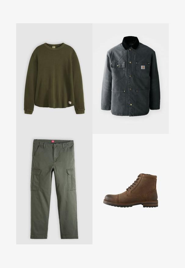 Chaqueta de lona gris oscuro con un cuello de pana negro, botones de presión de latón y dos bolsillos en el pecho con un parche de logo. Textura suave.; Suéter de manga larga en verde oliva, confeccionado en un material texturizado y acanalado, con cuello redondo, corte relajado y una pequeña etiqueta de la marca en el dobladillo inferior.; Pantalones cargo verde oliva hechos de algodón, con dos bolsillos laterales y dos bolsillos parche en los muslos, cierre frontal con cremallera y botón.; Bota de cuero marrón hasta el tobillo con cordones delanteros y suela rugosa, diseñada para uso casual o al aire libre.