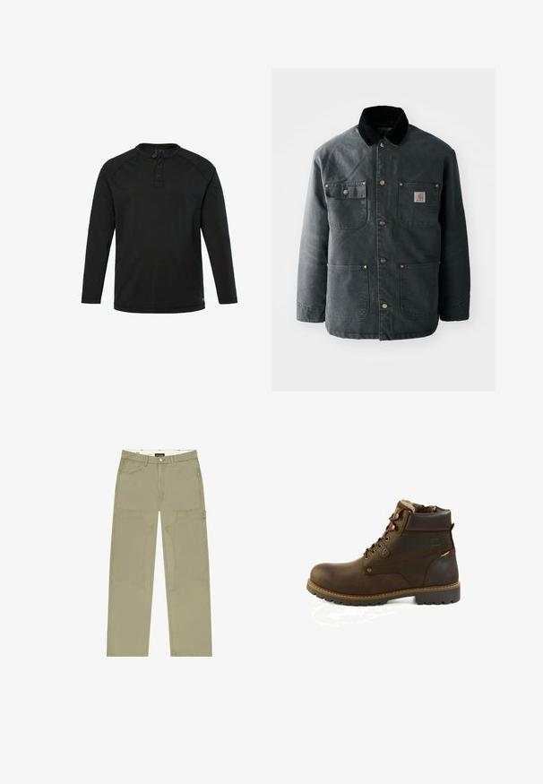 Mørkegrå canvasjakke med krave i sort kordfløjl, messing trykknapper og to brystlommer med et logo-patch. Glat tekstur.; Sort langærmet Henley-skjorte med tre knapper og rund halsudskæring, ensfarvet design og lige kant.; Khaki bukser med vide ben lavet af robust stof, med store påsyede lommer og kontrastsyninger. Knappelukning i taljen.; Brun læder ankelstøvle med snørelukning, polstret krave, fleecefor og robust sål med mønster, designet til udendørs brug eller vintervejr.