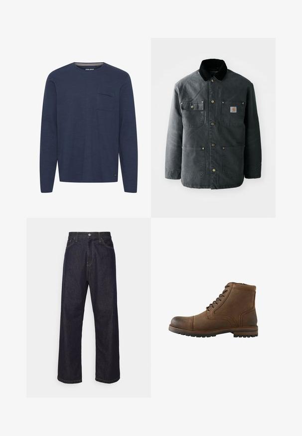 Dunkelgraue Segeltuchjacke mit einem schwarzen Cordkragen, Messing-Druckknöpfen und zwei Brusttaschen mit einem Logo-Patch. Angenehme Textur.; Langärmliges navyblaues Hemd aus strukturiertem Stoff, mit einer Brusttasche und einem Rundhalskragen, der innen mit einem dezenten Streifen akzentuiert ist.; Dunkelblaue Jeans im geraden Schnitt mit gelben Nähten, Knopfverschluss, Reißverschluss und Fünf-Taschen-Design.; Brauner Leder-Stiefel mit Schnürung vorne und robuster Sohle, geeignet für Freizeit- oder Outdoor-Einsätze.