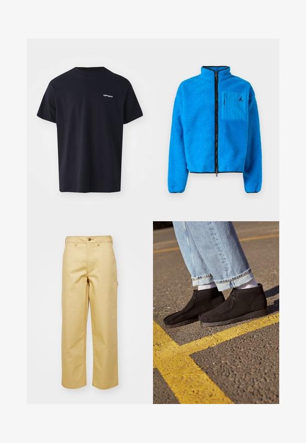 Blaues Fleece-Jacke mit hohem Kragen, Frontreißverschluss und Logo-Patch-Tasche auf der linken Brust. Verfügt über strukturierte Stoffe und schwarze Akzente.; Schwarzes Baumwoll-T-Shirt mit kurzen Ärmeln, Rundhalsausschnitt und einem dezenten weißen Logo im linken Brustbereich. Glatte Textur, normale Passform.; Beige, weit geschnittene Hose aus Baumwolle mit einem Knopfverschluss vorne, Gürtelschlaufen und Seitentaschen. Glatte Textur mit sichtbaren Nähdetails.; Schwarze Wildleder-Ankle-Boots mit glatter Textur, abgerundetem Zeh und genähten Details. Kombiniert mit hellblauen, hochgekrempelten Jeans und weißen Socken.