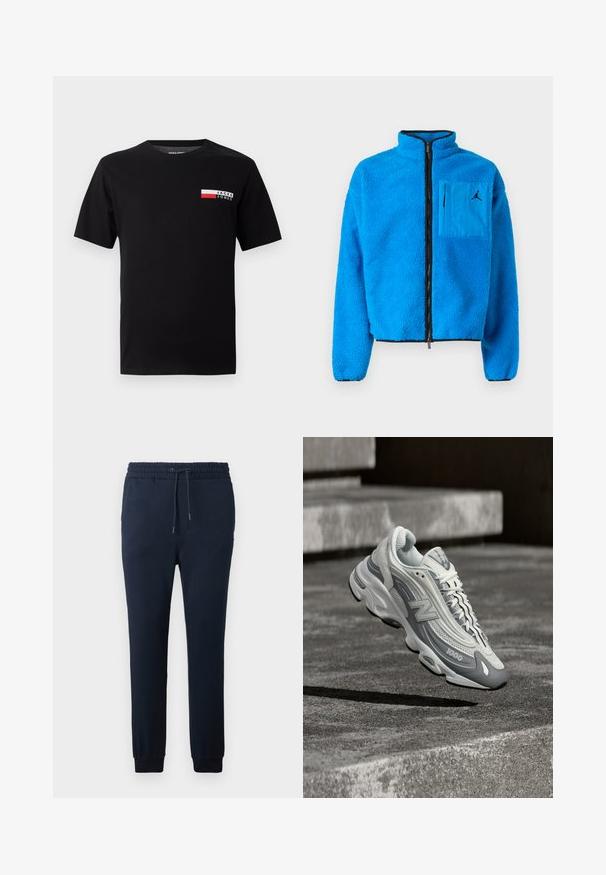 Blaues Fleece-Jacke mit hohem Kragen, Frontreißverschluss und Logo-Patch-Tasche auf der linken Brust. Verfügt über strukturierte Stoffe und schwarze Akzente.; Schwarzes Baumwoll-T-Shirt mit einem kleinen Logodesign und einem rechteckigen Farbbereich in Rot und Weiß im linken Brustbereich.; Navyblaue Sweatpants aus weichem Stoff, mit einem elastischen Bund und Kordelzug, schmal zulaufenden Beinen und eng anliegenden Bündchen an den Knöcheln.; Weißer und grauer New Balance 1000 Sneaker schwebt über einer Betonfläche mit Treppen im Hintergrund.