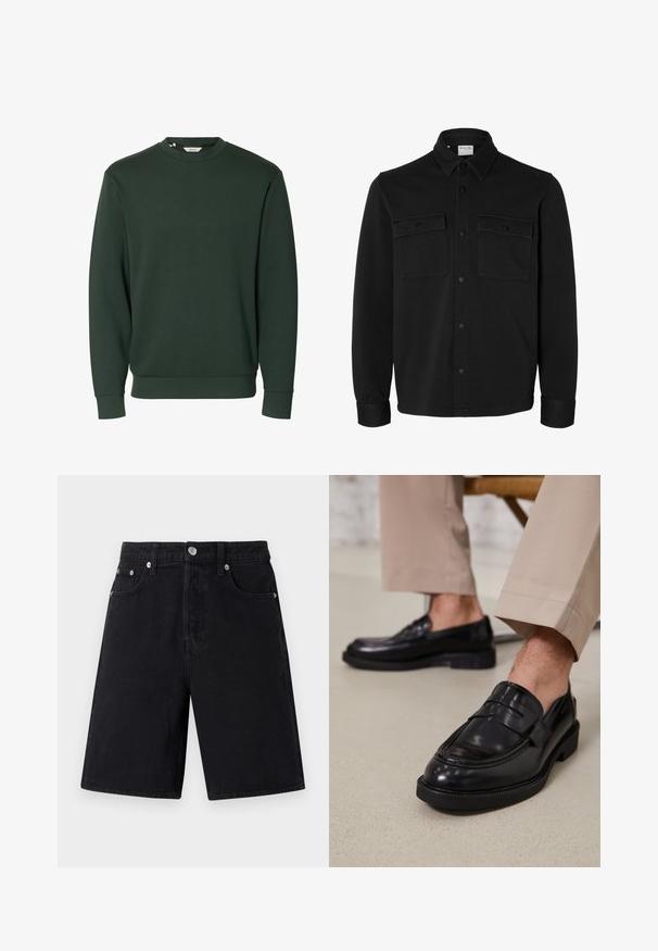 Sort langærmet skjortejakke med knapper, spids krave, to brystlommer med klapper og knapper samt knaphul på manchetterne.; Mørkegrøn langærmet sweatshirt med rund hals, ribstrikkede manchetter og kant, ensfarvet design uden synlige logoer eller mønstre.; Sorte denimshorts med lige snit. Funktioner omfatter lynlås, fem lommer, sølvfarvet hardware og en subtil teksturfinish.; Sorte lædermokkasiner med en glat overflade, der har en dekorativ rem og kontraststing, parret med beige bukser.