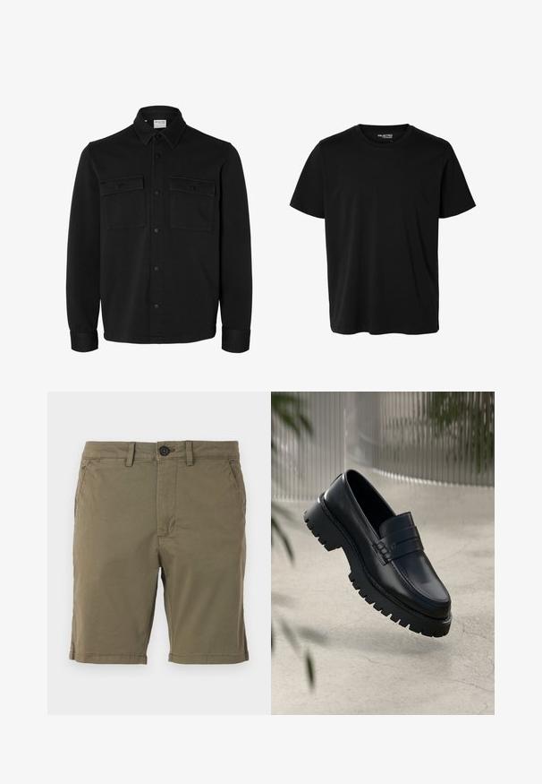 Veste-chemise noire à manches longues avec col pointu, deux poches poitrine à rabat avec boutons et poignets boutonnés.; T-shirt noir uni à manches courtes et col rond pour homme, sans motifs ni logos visibles à l’avant.; Shorts vert olive en tissu mélangé coton, avec une fermeture à bouton, des poches avant et un bas ourlé avec des détails de couture subtils.; Mocassins en cuir noir avec une semelle à crampons épaisse, dotés d'une sangle décorative et de détails de couture. Texture lisse avec une finition polie.
