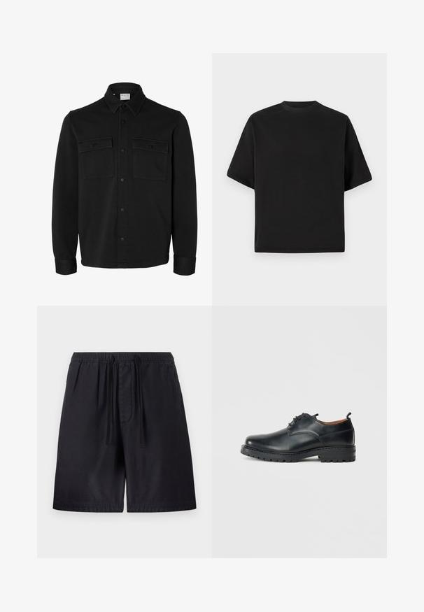 Veste-chemise noire à manches longues avec col pointu, deux poches poitrine à rabat avec boutons et poignets boutonnés.; T-shirt noire à manches courtes au fit ample, fabriquée en coton lisse, avec un col rond et un design minimaliste.; Shorts noirs avec une taille élastique, dotés d'un cordon de serrage, de poches latérales et d'un tissu léger pour plus de confort. Coutures visibles.; Chaussures derby en cuir noir avec une texture lisse, bout rond, design à lacets et une semelle en caoutchouc épaisse et robuste.