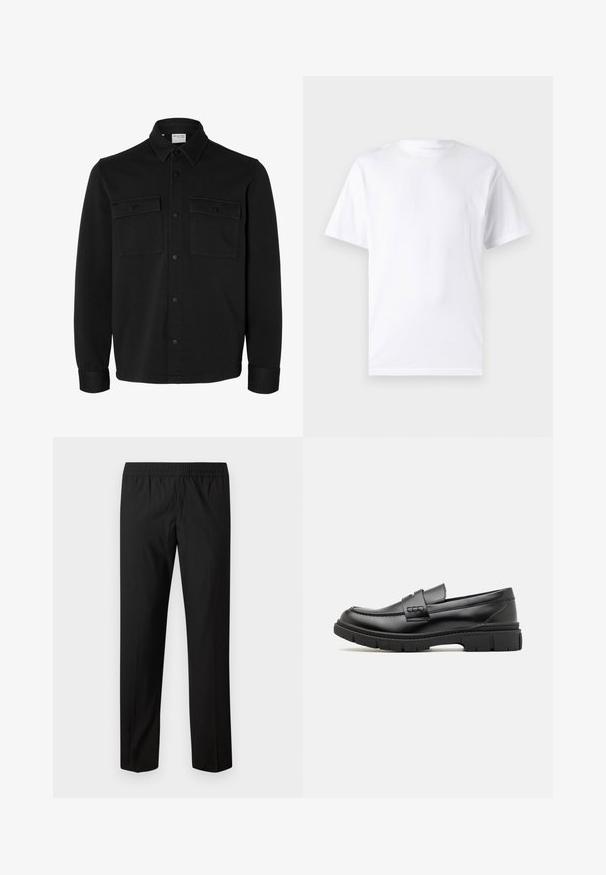 Chaqueta camisa negra de manga larga con botones, cuello puntiagudo, dos bolsillos en el pecho con solapas y botones, y puños abotonados.; Camiseta blanca de manga corta hecha de algodón con cuello redondo, que presenta una textura suave y un diseño simple sin patrones ni acentos.; Pantalones negros de pierna recta con cintura elástica, sin bolsillos visibles ni adornos.; Mocasin de cuero negro con una cinta ancha en el empeine, suela de goma con tacos gruesos y textura suave. Diseño clásico y elegante.