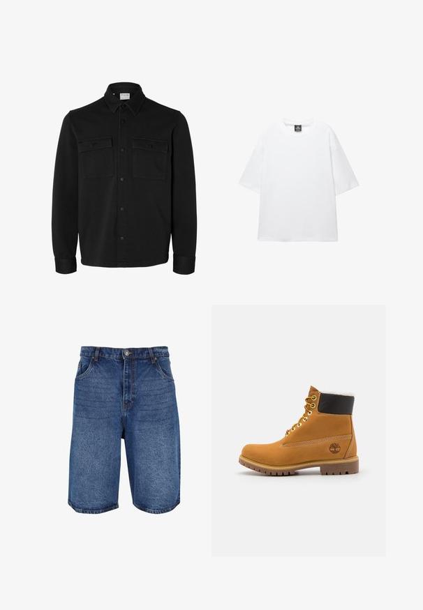 Sort langærmet skjortejakke med knapper, spids krave, to brystlommer med klapper og knapper samt knaphul på manchetterne.; Hvid oversized t-shirt med korte ærmer, rund halsudskæring og blødt bomuldsstof. Har et sort mærke ved halsen. Ingen mønstre eller accenter.; Denimshorts i mellemblå, med et klassisk design, fem lommer og en lynlås med knaplukning. Grov tekstur og lige pasform.; Brune læder ankelstøvle med metaløjer, hvid pelsforing, sort polstret krave, robust sål og præget logo på siden.