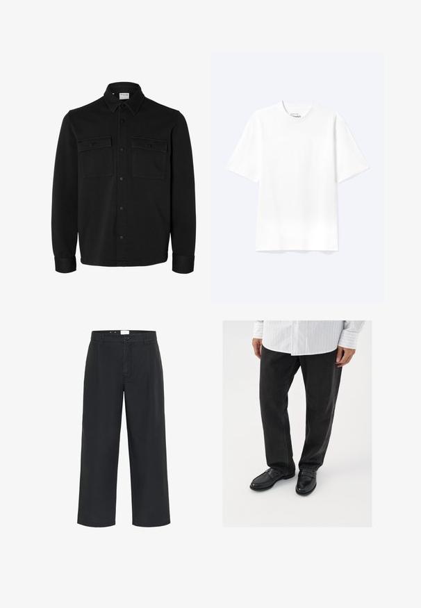 Schwarze langärmelige Hemdjacke mit spitzem Kragen, zwei Brusttaschen mit Klappen und Knöpfen sowie knöpfbaren Manschetten.; Schlichtes weißes T-Shirt mit kurzen Ärmeln und Rundhalsausschnitt in entspannter Passform, auf hellem Hintergrund dargestellt.; Matinique MACHINO PLEAT 73 - Stoffhose - black; Schwarze Jeans kombiniert mit glänzenden schwarzen Slippern. Das Hemd ist weiß mit dünnen vertikalen Streifen, hat lange Ärmel und einen geknöpften Kragen.