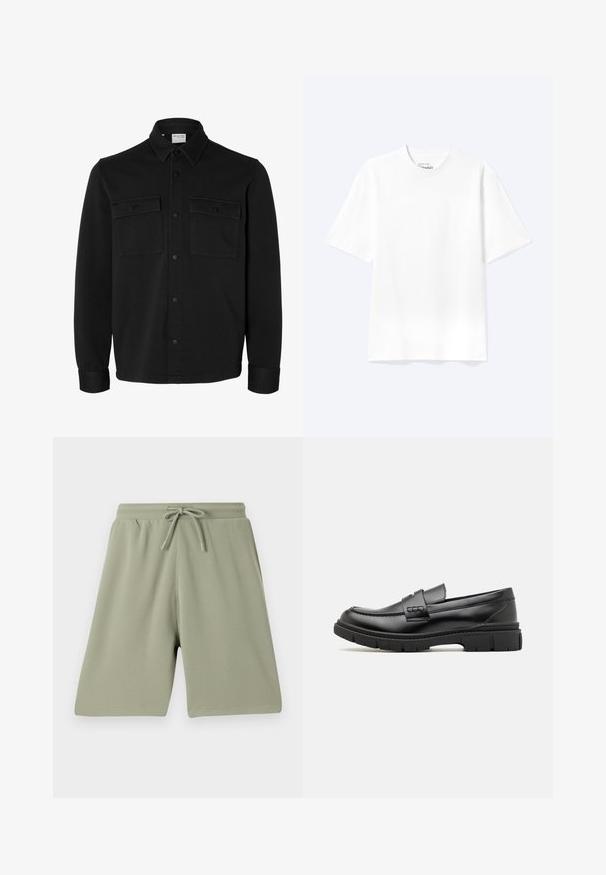 Chaqueta camisa negra de manga larga con botones, cuello puntiagudo, dos bolsillos en el pecho con solapas y botones, y puños abotonados.; Camiseta lisa blanca de manga corta y cuello redondo con un corte relajado, mostrada sobre un fondo claro.; Pantalones cortos verde claro hechos de una tela texturizada con cintura elástica y cordón. Corte recto y diseño hasta la rodilla.; Mocasin de cuero negro con una cinta ancha en el empeine, suela de goma con tacos gruesos y textura suave. Diseño clásico y elegante.