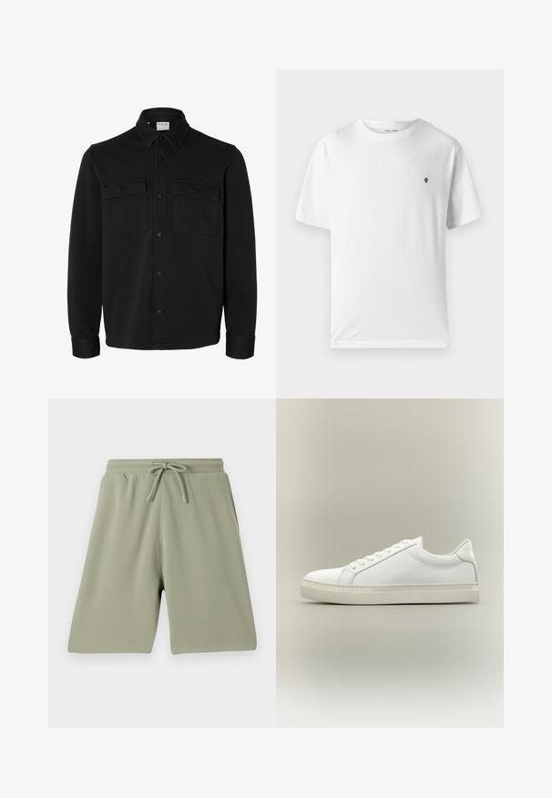 Chaqueta camisa negra de manga larga con botones, cuello puntiagudo, dos bolsillos en el pecho con solapas y botones, y puños abotonados.; Camiseta blanca de algodón con cuello redondo, mangas cortas y un pequeño logo negro en el pecho. Textura suave, corte casual.; Pantalones cortos verde claro hechos de una tela texturizada con cintura elástica y cordón. Corte recto y diseño hasta la rodilla.; Zapatilla blanca de perfil bajo con cordones en la parte delantera y suela gruesa, mostrada de lado sobre un fondo neutro.