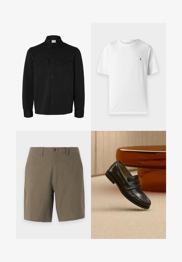 Zwart overhemdjack met lange mouwen en knopen, met spitse kraag, twee borstzakken met klep en knopen en knoopmanchetten.; Witte katoenen t-shirt met een ronde hals, korte mouwen en een klein zwart logo op de borst. Zachte textuur, casual pasvorm.; Olivengroene shorts gemaakt van textuurstof, met een knoopsluiting en een platte voorkant, en zijzakken voor functionaliteit.; Glanzende zwarte leren loafer met een banddetail, geplaatst op een beige tapijt naast een ronde bruine salontafel in een zacht verlichte kamer.